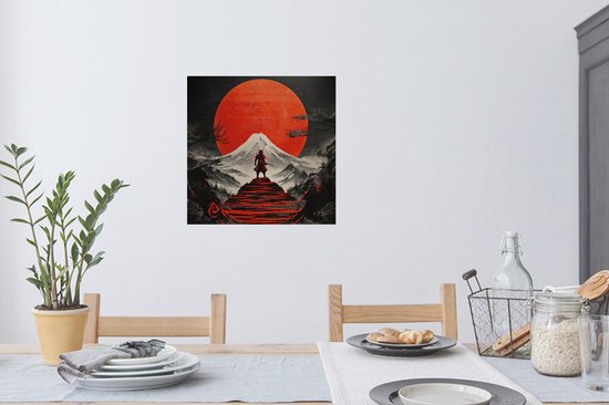 Kunstwerk met samoerai op rode trappen voor Fuji-berg onder rode zon.