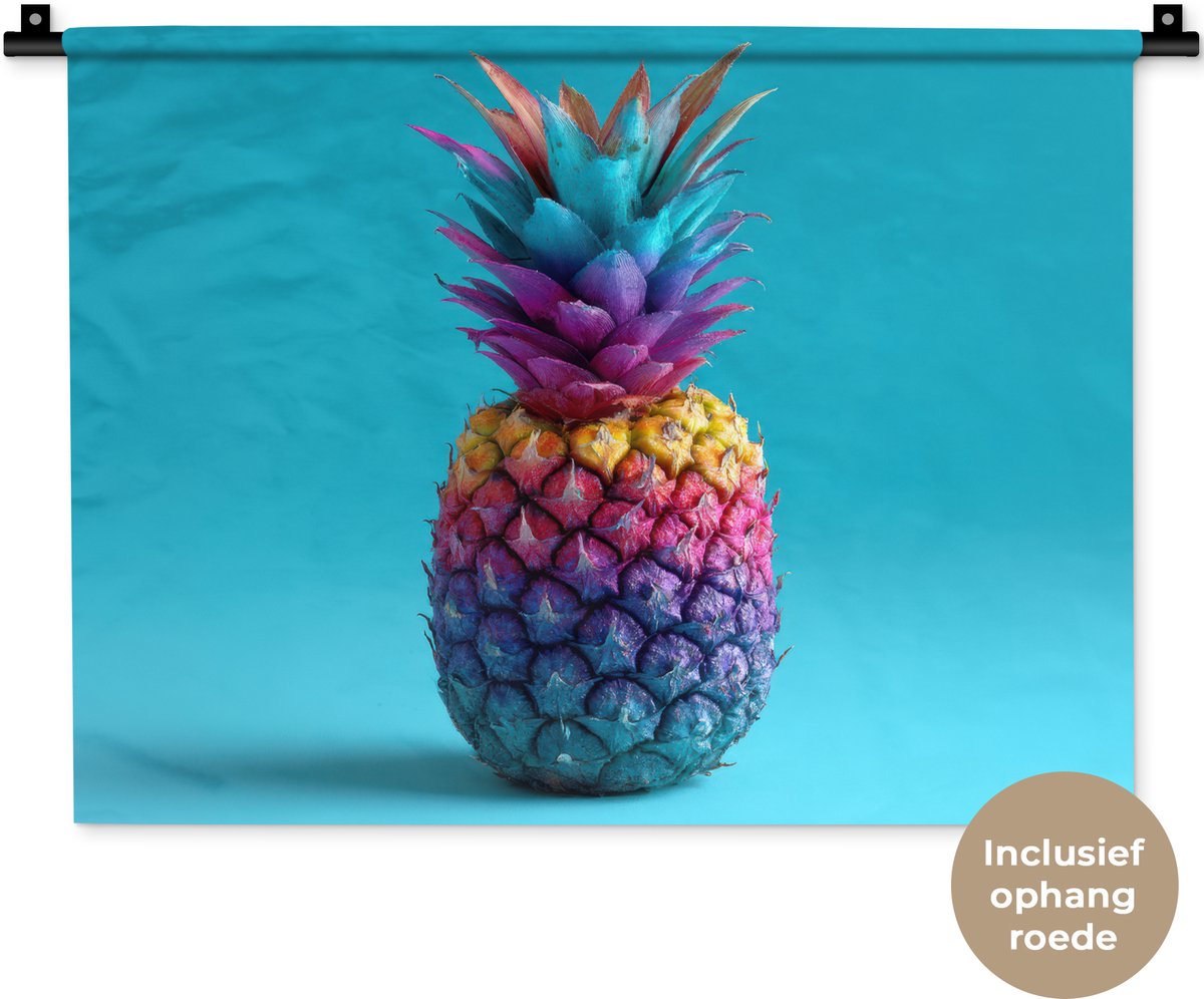 Wandkleed 60x45 cm - Wanddoek Ananas - Regenboog - Blauw - Popart - Wandtapijt - Wandkleden