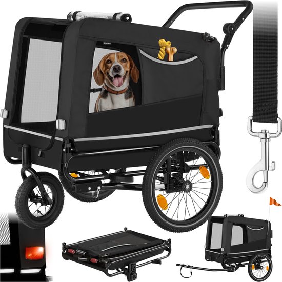 Zwarte hondenfietskar met een beagle die uit het raam kijkt, opvouwbaar, met riem.