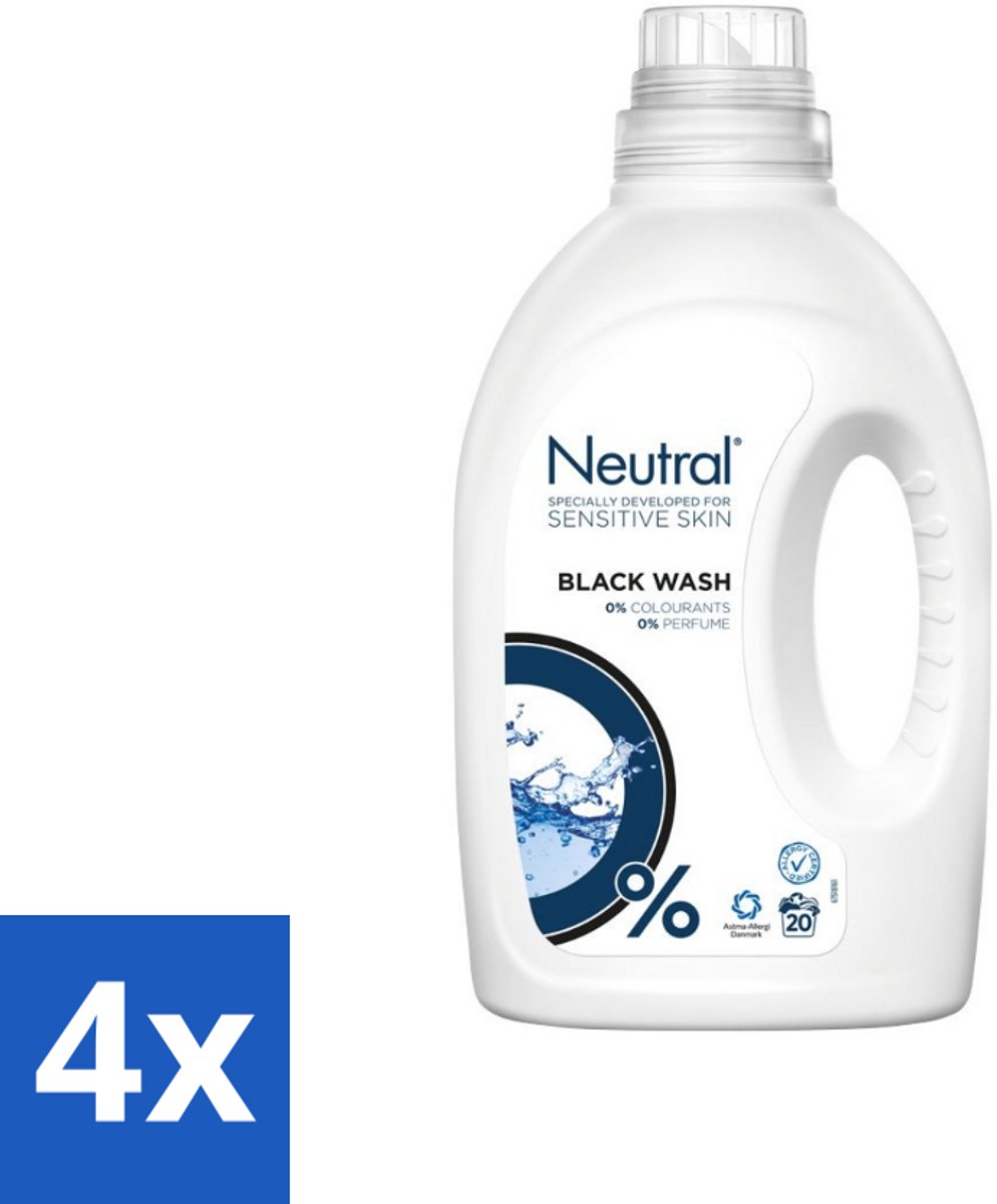 4 x Neutral Vloeibaar Wasmiddel Zwart 20 Wasbeurten 1 liter - Donkere Was - Zwart Was - Parfumvrij Wasmiddel - Gevoelige Huid - Hypoallergeen Wasmiddel