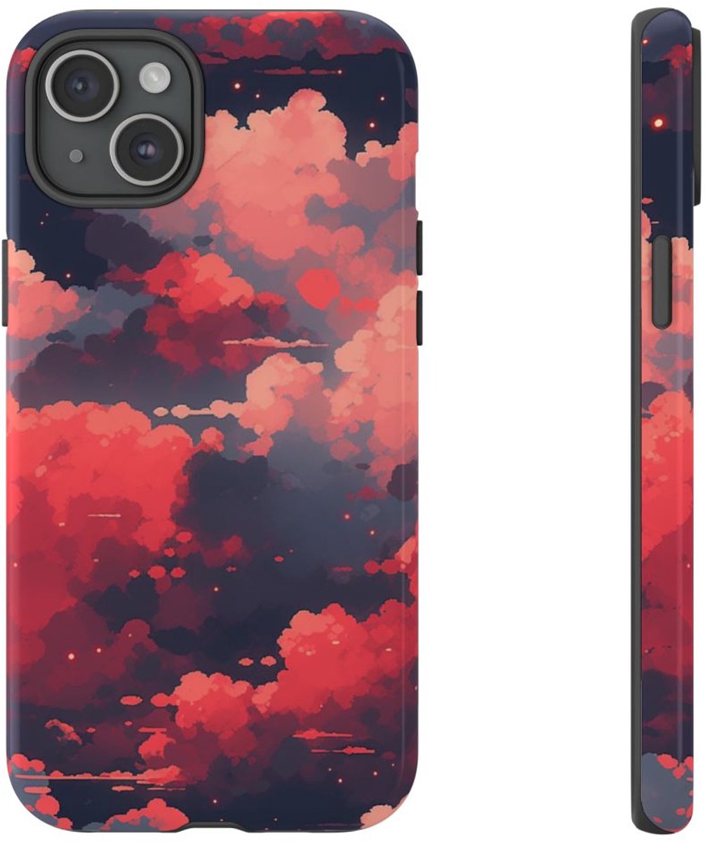 Abstracte Wolkenlucht in Rood en Roze – Telefoonhoesje Geschikt voor iPhone 15 Plus