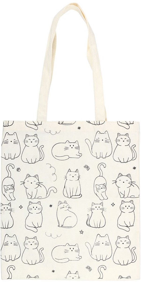 Schattige 'White Cat Print' Polycotton Tote Bag - Ecru Draagtas met Speelse Katten Illustraties - 70 cm