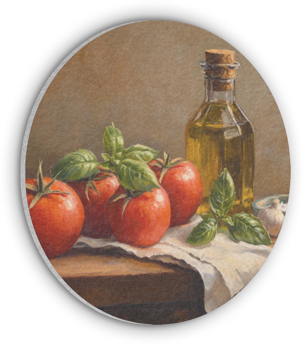 Akoestisch wandpaneel rond 60x60 cm - Vilt schilderij Tomaten - Olijfolie - Stilleven - Ronde akoestische panelen - Geluidsdempende wanddecoratie - Geluidsisolatie wandcirkel - Muurdecoratie geluidspanelen