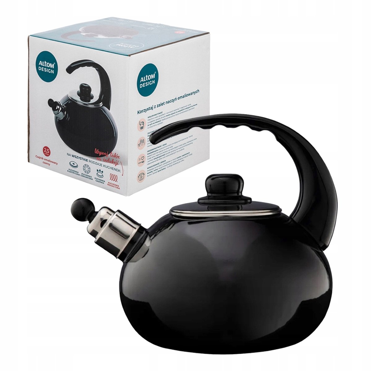 Altom Design Emaille Waterkoker met Fluitje - Zwart, 2,5L
