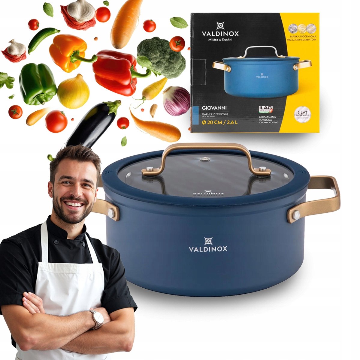Valdinox Giovanni Inductiepan met deksel - 2,6L - Blauw/Goud