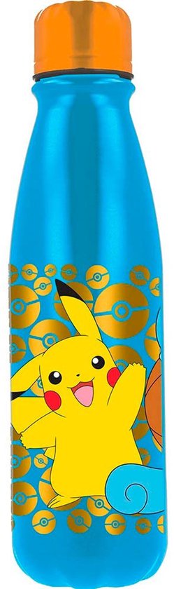Blauwe drinkfles met Pikachu en gouden Poké Balls.