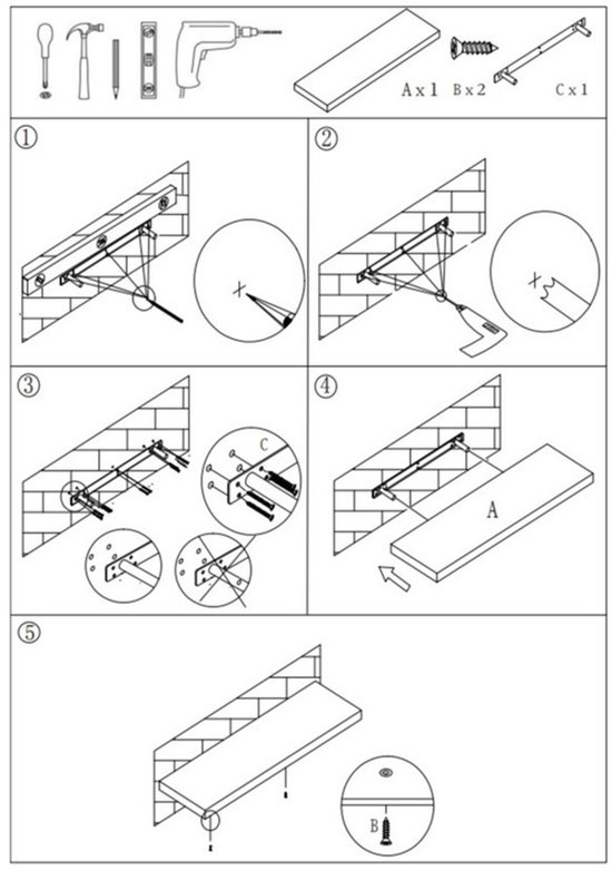 Instructies voor het monteren van een drijvende wandplank met gereedschap en schroeven.