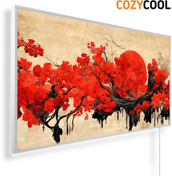 Infraroodpaneel met afbeelding | Traditioneel Chinees inktrood landschap | 1200 Watt | Witte lijst | Infrarood verwarmingspaneel | Infrarood paneel | Infrarood verwarming