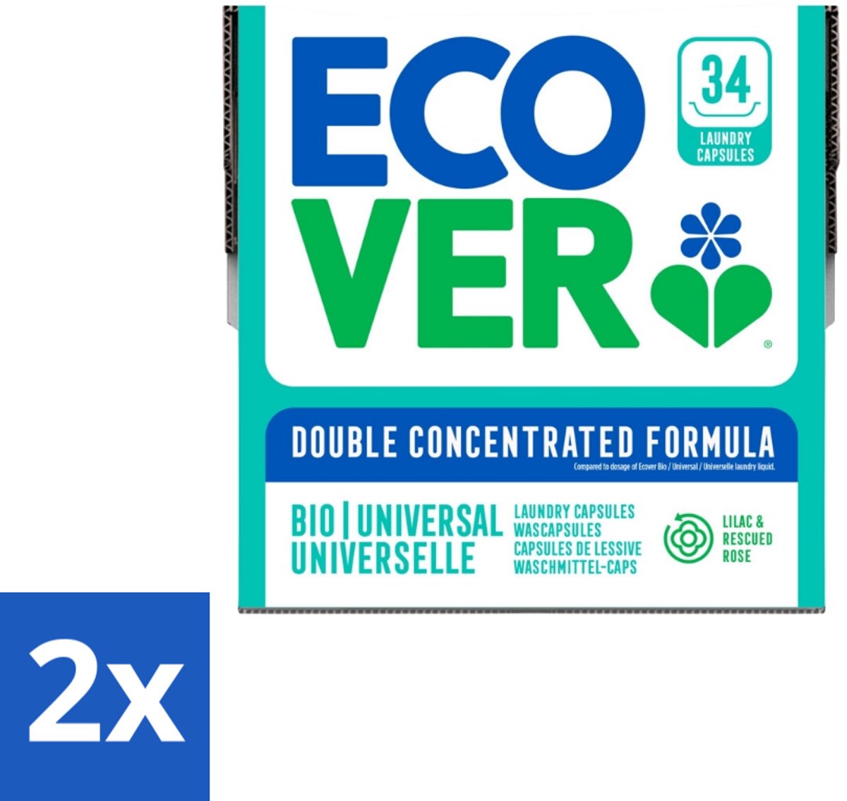 2 x Ecover - Waspods - Universeel - Geconcentreerde formule - 34 wasbeurten - Wascapsules - Wasmiddelen - Biologisch Afbreekbaar - Milieuvriendelijk - Duurzaam