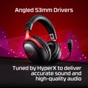 Zwarte gaming headset met rode oorsteunen, 53mm drivers.