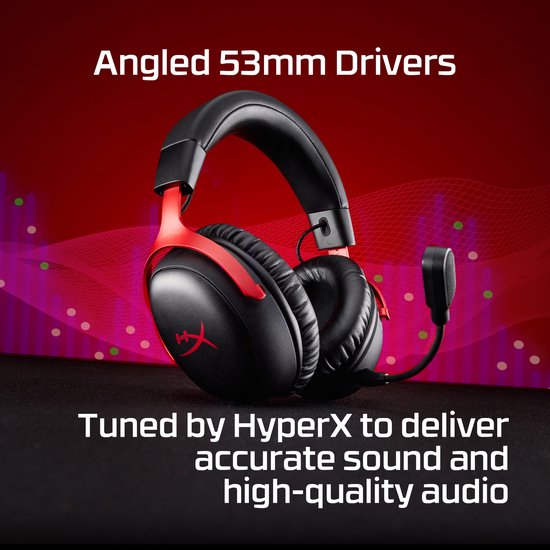 Zwarte gaming headset met rode oorsteunen, 53mm drivers.