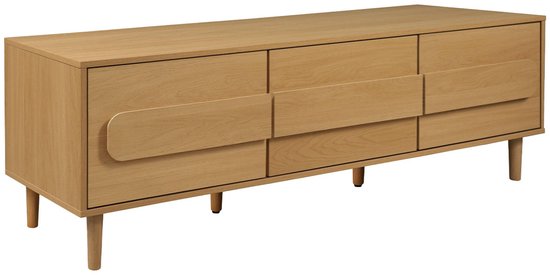 Houten tv-meubel met 3 deuren en 3 lades, op pootjes, van de zijkant gezien.