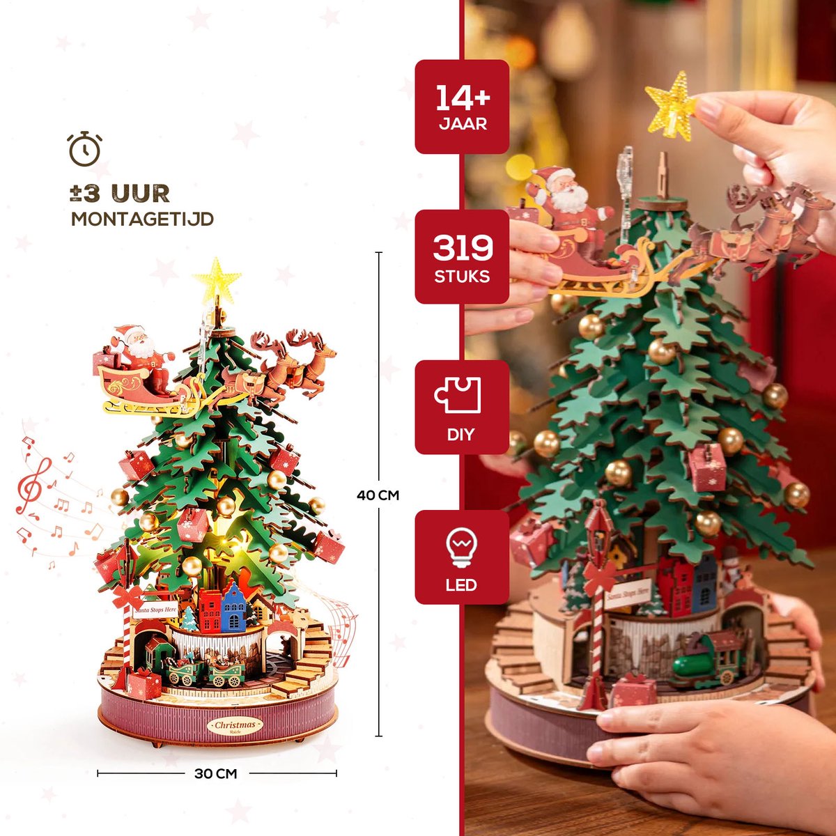Robotime Christmas Melody Tree 3D Houten Muziekdoos – Kerstboom Bouwpakket – 319 Onderdelen - 30x30x40cm — afbeelding 3