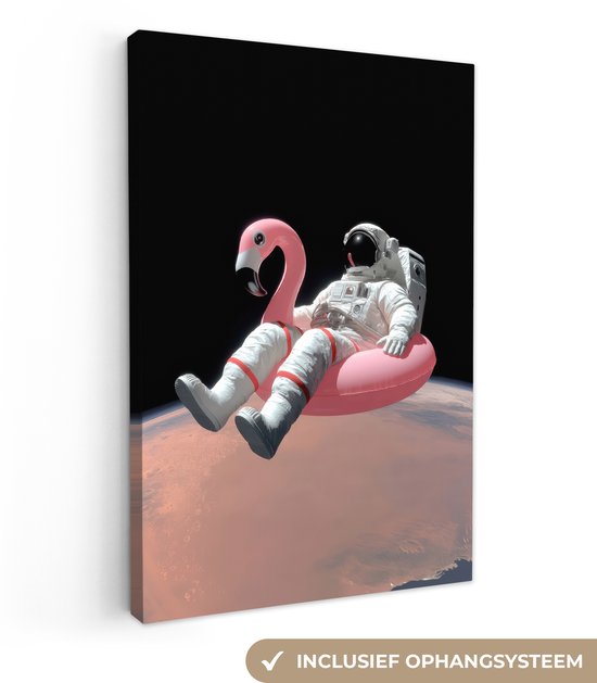 Canvas schilderij 80x120 cm - Exclusieve wanddecoratie Astronaut - Flamingo - Zwemband - Roze - Muurdecoratie woonkamer - Slaapkamer decoratie - Kamer accessoires - Schilderijen op canvas