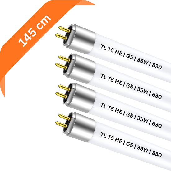 Vier TL T5 HE G5 35W 830 buizen van 145 cm met zilveren fittingen.
