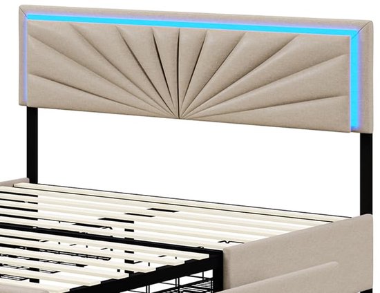 BRYXR Tweepersoonsbed, 180 x 200 cm, metalen tweepersoonsbed met ledverlichting, 4 praktische laden en stijlvol PU-nachtkastje, ideaal voor