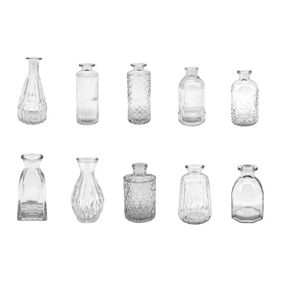 Mini vaasjes - set van 10 - h: 10-14,7 cm hoog - glas - transparant