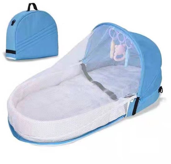 Foto: Draagbaar babybedje met speelgoed zacht opvouwbaar reisbedje baby reisbedje slaapbed anti klamboe wieg baby pasgeboren slaapplaats voor buiten winkelen camping reizen blauw 40 80 45cm