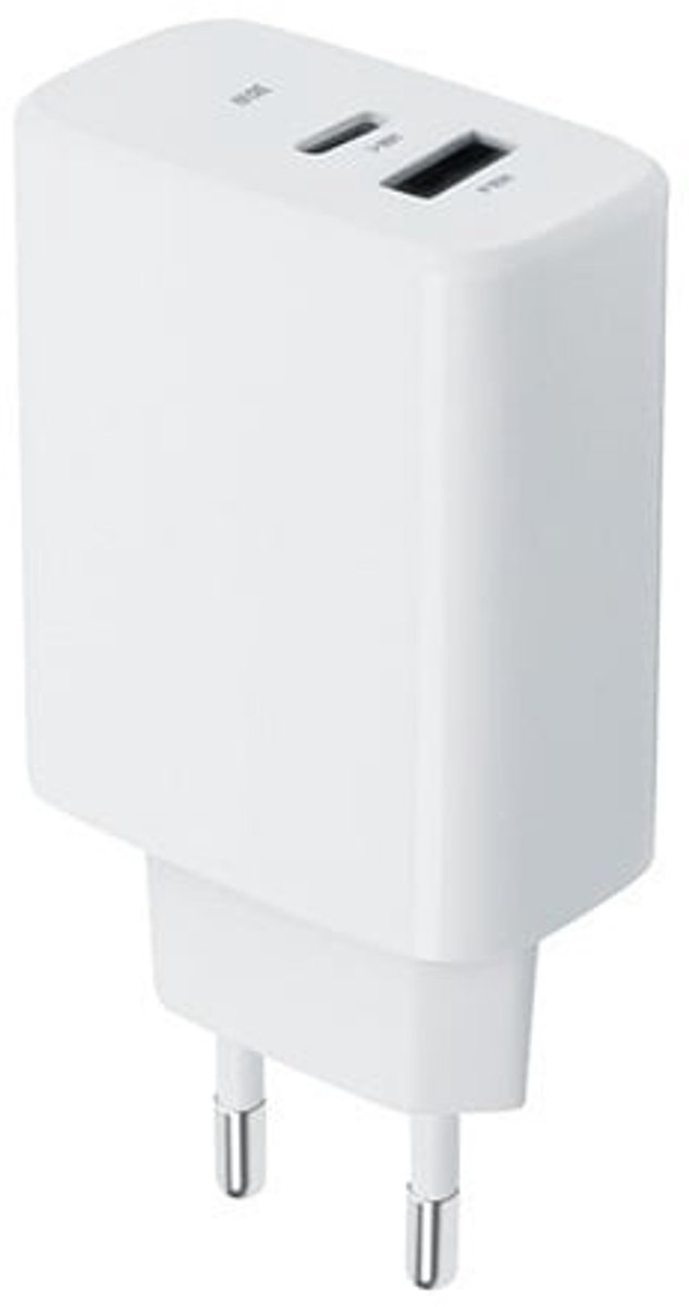 OneOne 30W super snellader met 2 poorten. Witte oplader met USB C en USB A. PD en Quick Charge lader adapter past op Apple iPhone 15, iPhone 15 Plus, 15 Pro, 15 Pro Max, iPhone 16, 16 Plus, 16 Pro, iPhone 17, 17 Air, 17 Pro, 17 Ultra