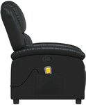 Zwarte fauteuil met massagefunctie, liggende rugleuning en zijvak met afstandsbediening.
