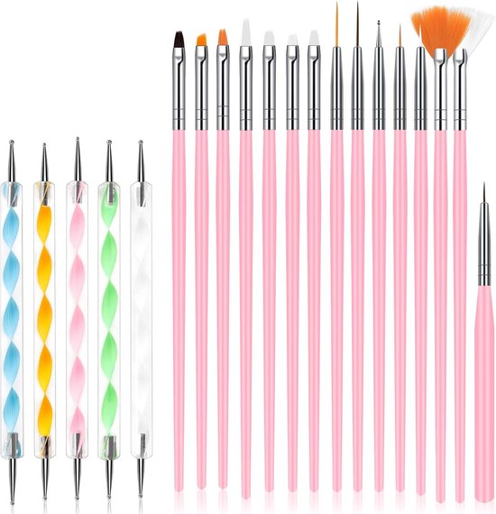 URAQT Ensemble de pinceaux pour nail art, 15 pièces de pinceaux à ongles en acrylique et 5 outils pour pointes d'ongles, ensemble de stylos à ongles pour nail Art, pour bricolage et usage professionnel