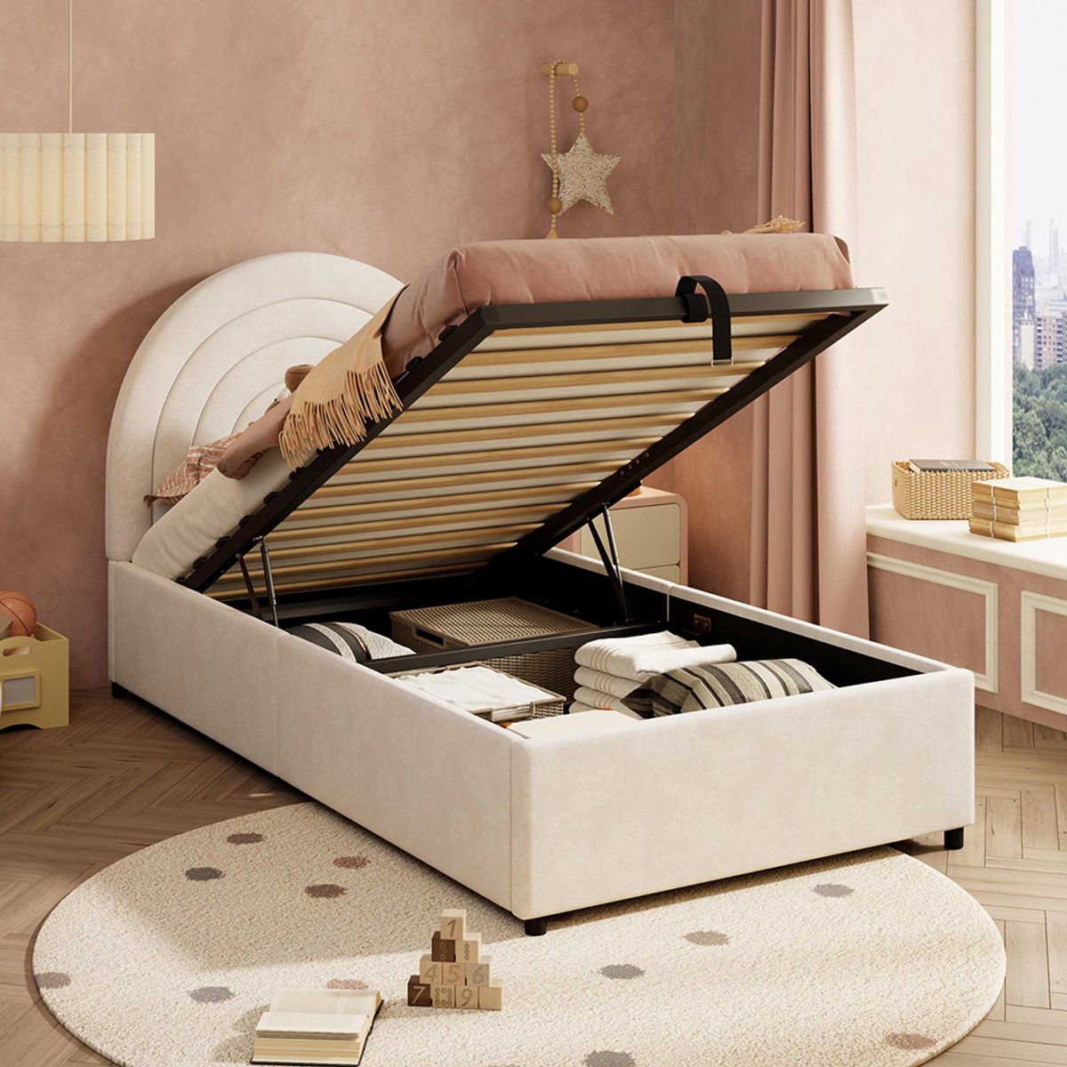 KOMHTOM Gestoffeerd bed 90*200, kinderbed, eenpersoonsbed met lattenbodem en hoofdeinde, tienerbed, geschikt voor volwassenen en tieners, houten latten, eenvoudige montage, fluweel, beige