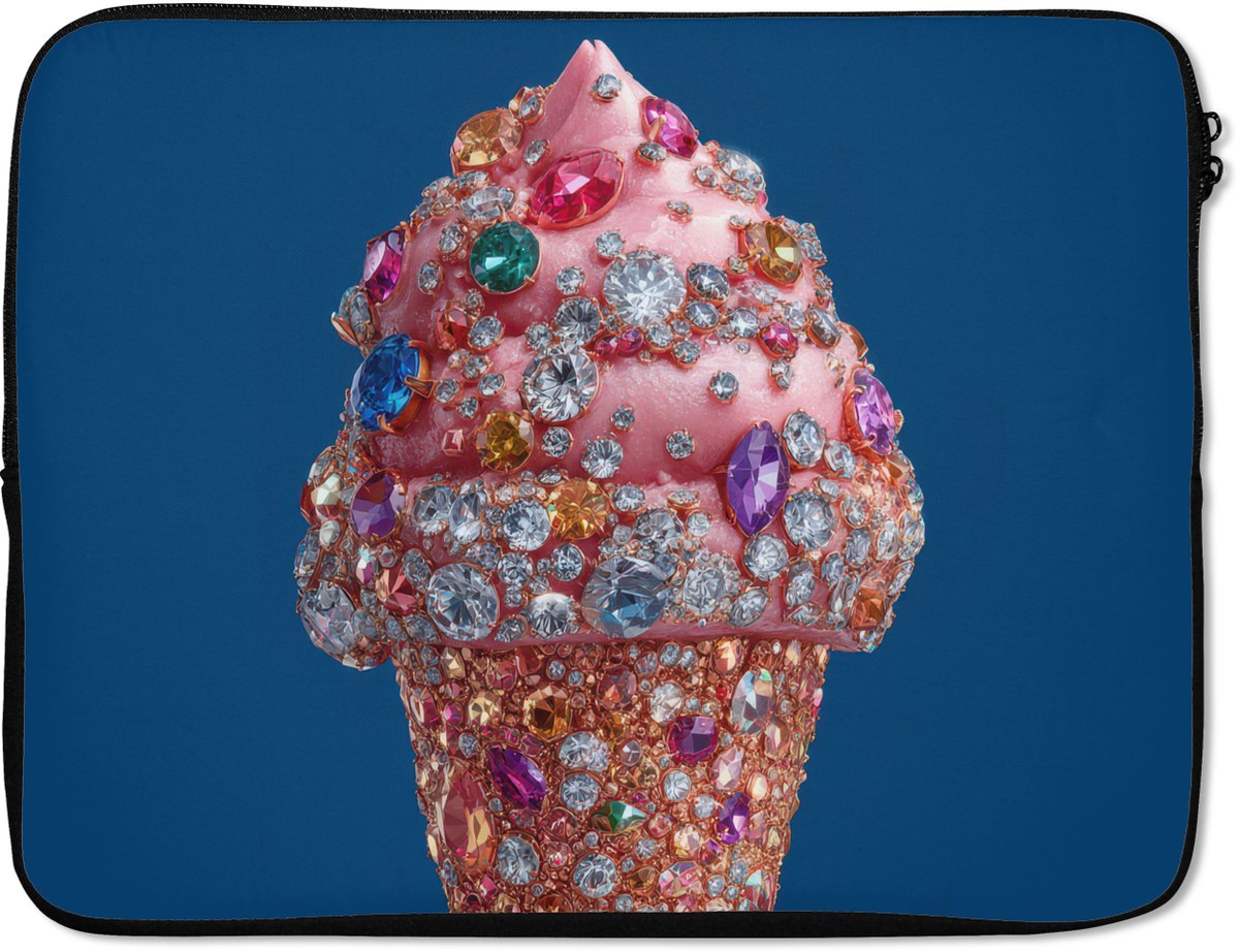 Laptophoes 15.6 inch - Ijsje - Hoorntje - Steentjes - Blauw - Laptop sleeve - Binnenmaat 37x26 cm - Zwarte achterkant