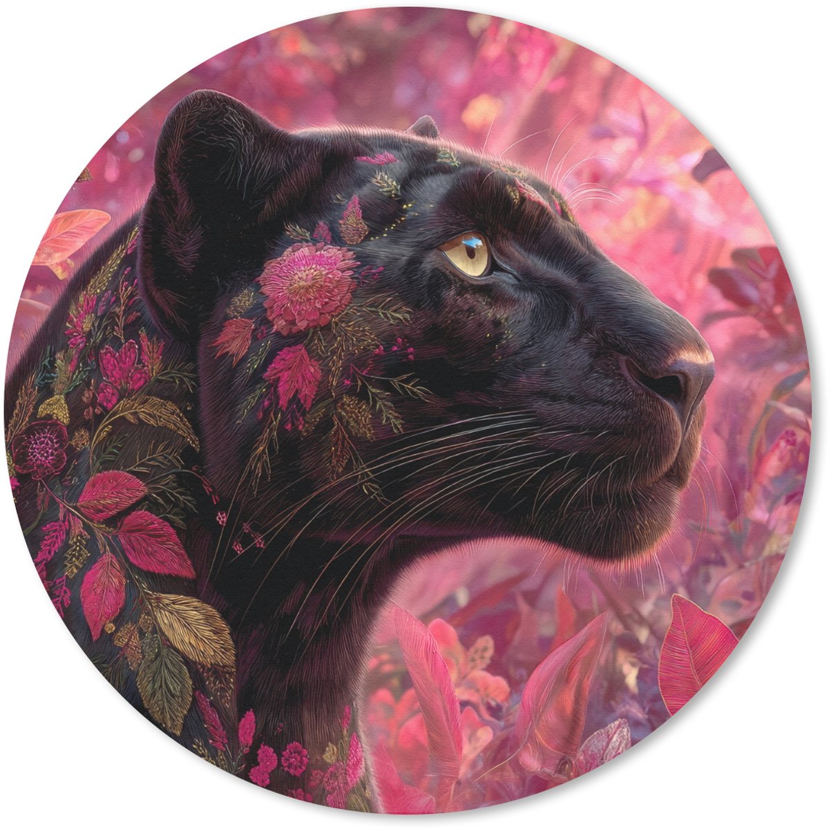 Muismat rond 20x20 cm - Mousepad Luipaard - Bloemen - Roze - Ronde muismatten