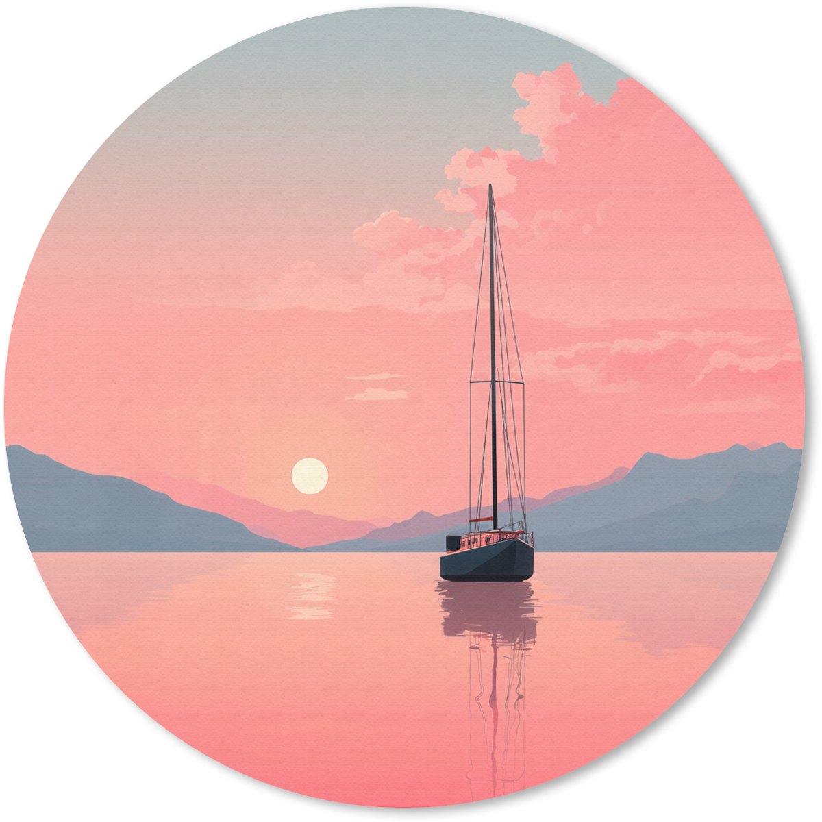 Muismat rond 40x40 cm - Mousepad Zeilboot - Roze zee - Zonsondergang - Bergen - Ronde muismatten