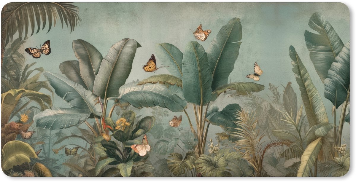 Muismat XXL 80x40 cm - Bureau onderlegger - Bureau mat Tropisch bladerdek - Vlinders - groen - Bruin - Bureaumat - Gaming mousepad xl - Bureaulegger groot - Computer deskmat