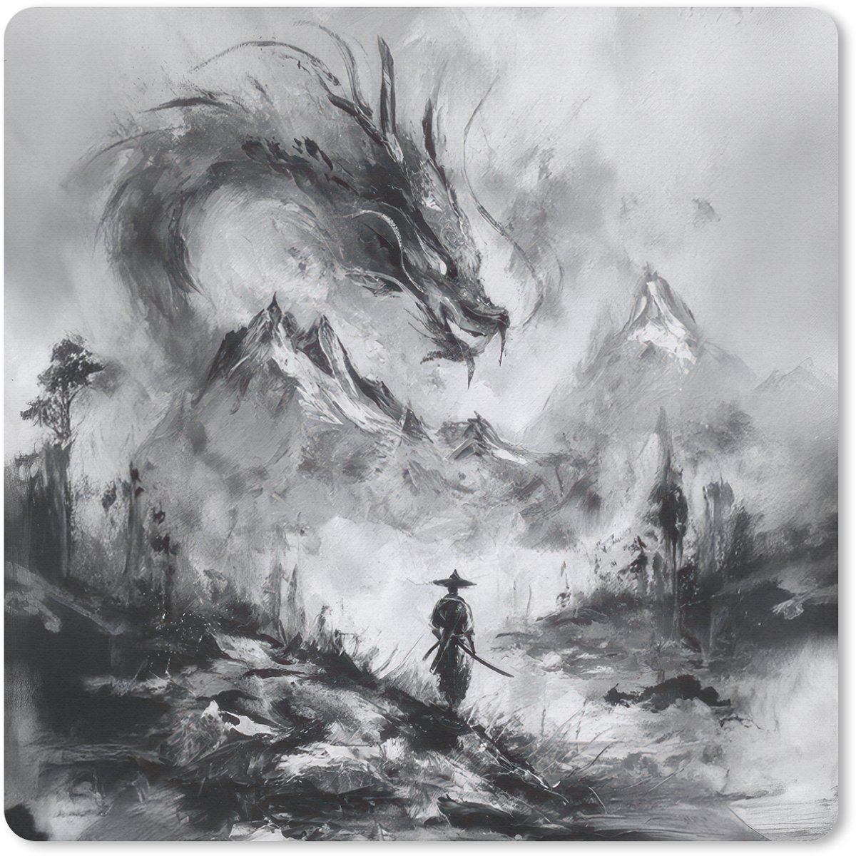 Muismat 30x30 cm - Mousepad Krijger - Draak - Grijs - Muismatten