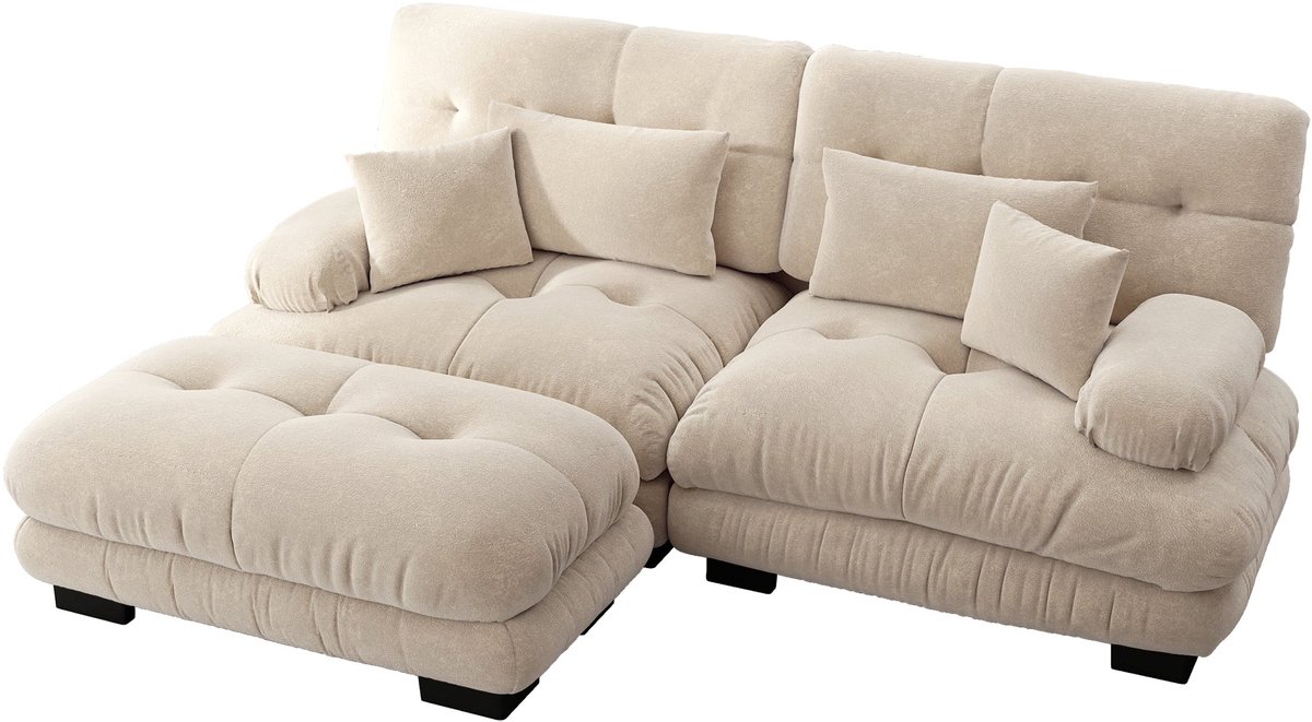 Merax Cloud Eckbank Voor Woonkamer - Chenille 2-Zitsbank met Lenden- en Decoratieve Kussens - Brede Armleuningen en Ottoman - Lichtbruin