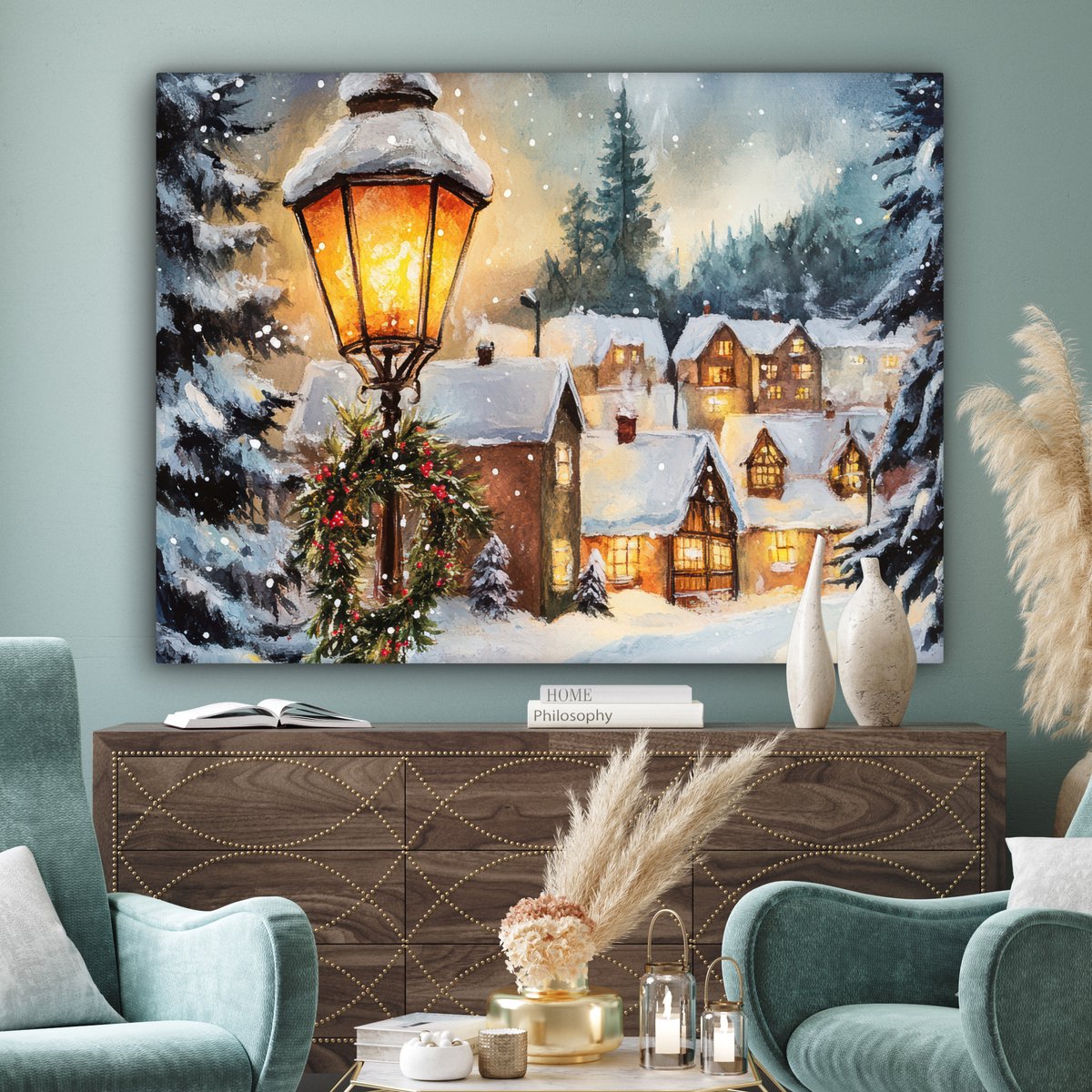 Canvas schilderij 160x120 cm - Wanddecoratie Kerstdorp - Huizen - Sneeuw - Kerst - Muurdecoratie woonkamer - Slaapkamer decoratie - Kamer accessoires - Schilderijen op canvas - Kerstdecoratie voor binnen - Kerstversiering - Kerstmis versiering – foto 3
