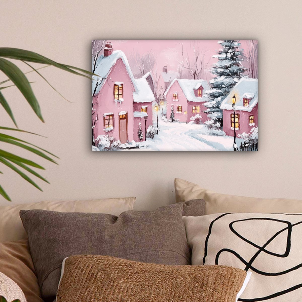 Canvas schilderij 30x20 cm - Wanddecoratie Kerstdorp - Roze - Winter - Sneeuw - Huizen - Muurdecoratie woonkamer - Slaapkamer decoratie - Kamer accessoires - Schilderijen op canvas - Kerstdecoratie voor binnen - Kerstversiering - Kerstmis versiering – foto 4