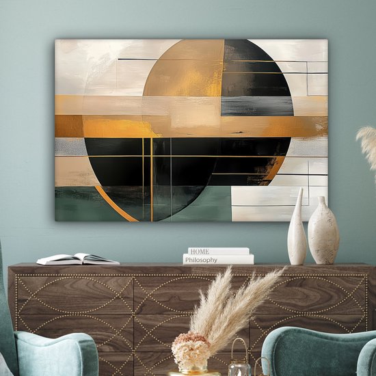 Canvas schilderij 120x80 cm - Wanddecoratie Abstract - Goud - Brons - Groen - Vormen - Modern - Muurdecoratie woonkamer - Slaapkamer decoratie - Kamer accessoires - Schilderijen op canvas