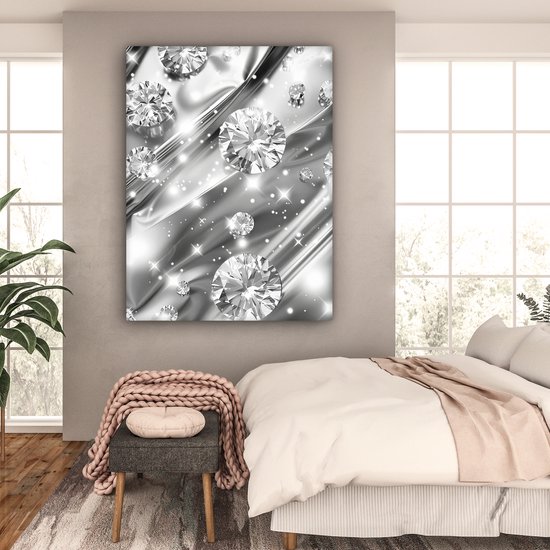 Peinture sur toile 120x160 cm - Décoration murale Abstrait - Diamant - Luxe - Moderne - Argent - Décoration murale salon - Décoration chambre moderne - Tableaux abstraits