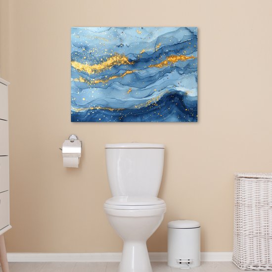 Peinture sur toile 70x50 cm - Décoration murale salle de bain Aquarelle - Blauw - Art - Or - Luxe - Moderne - Décoration murale WC - Accessoires décoratifs - Décoration murale Toilettes - Peintures sur toile