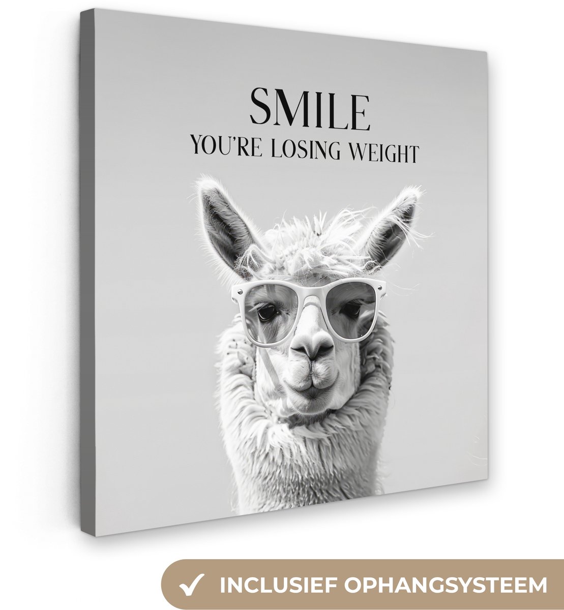 Canvas schilderij 90x90 cm - Wanddecoratie badkamer Quotes - Lama - Smile - Spreuken - Gri