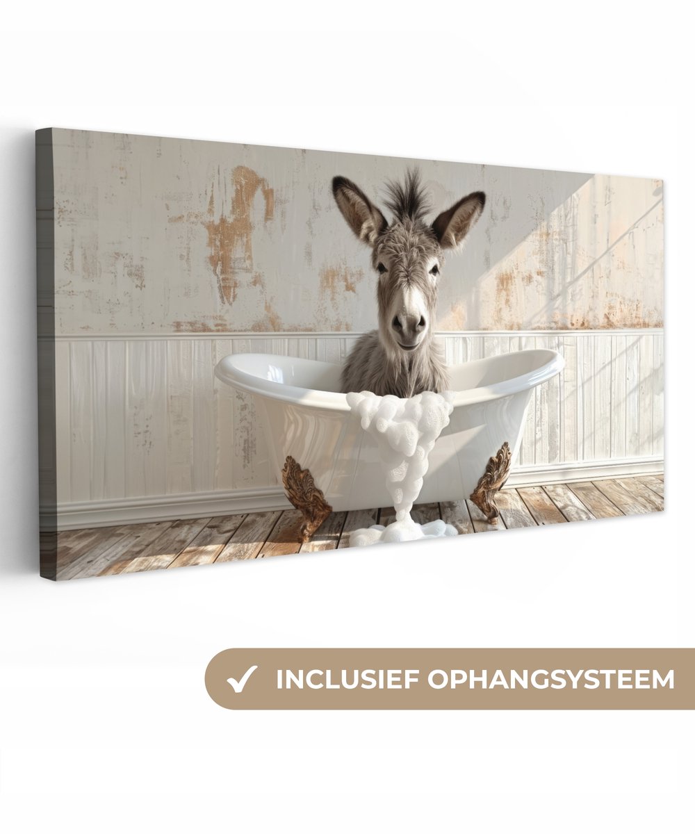 Canvas schilderij 40x20 cm - Wanddecoratie badkamer Ezel - Dieren - Badkuip - Schuim - Muu