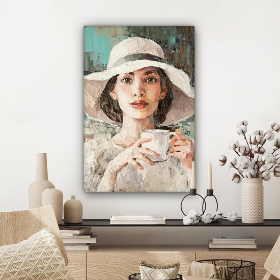 Toile - Peinture - Huile - Femme - Café - Chapeau - 40x60 cm - Peintures sur toile - Intérieur