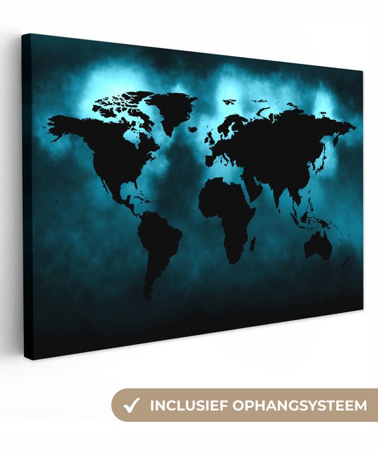 Carte du monde noire sur fond sombre aux couleurs bleues 180x120 cm