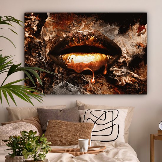 Peintures sur toile Or - Lèvres - Fumée - 120x80 cm - Décoration murale