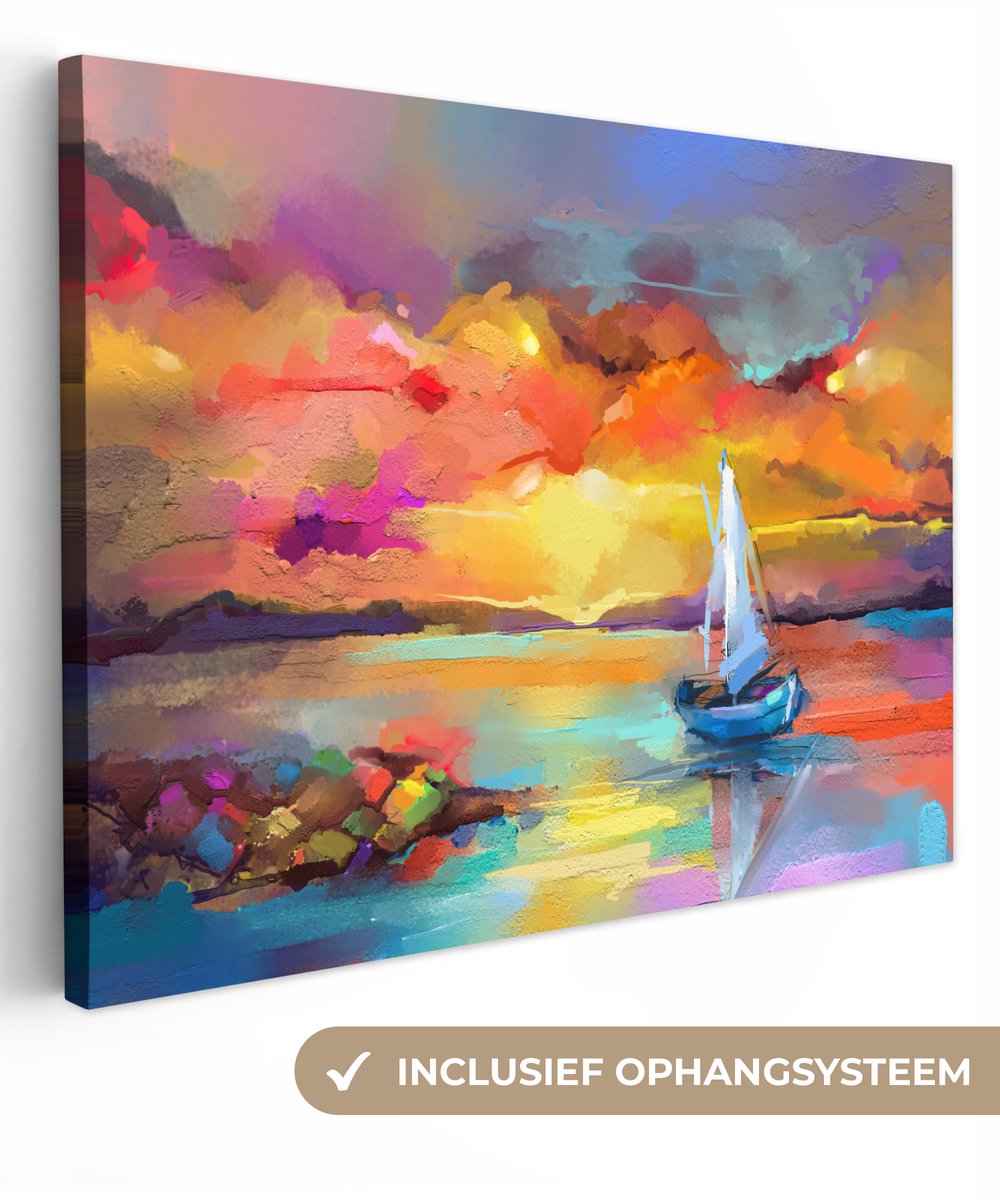 Canvas - Olieverf - Schilderij - Boot - Wolken - Kleuren - 40x30 cm - Interieur - Schilderijen op canvas