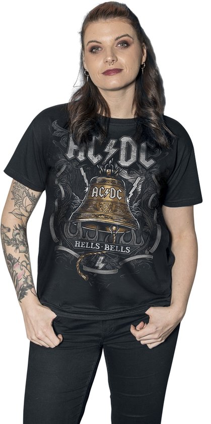 Zwarte dames T-shirt met opdruk van een gouden AC/DC 'Hells Bells' klok en logo.
