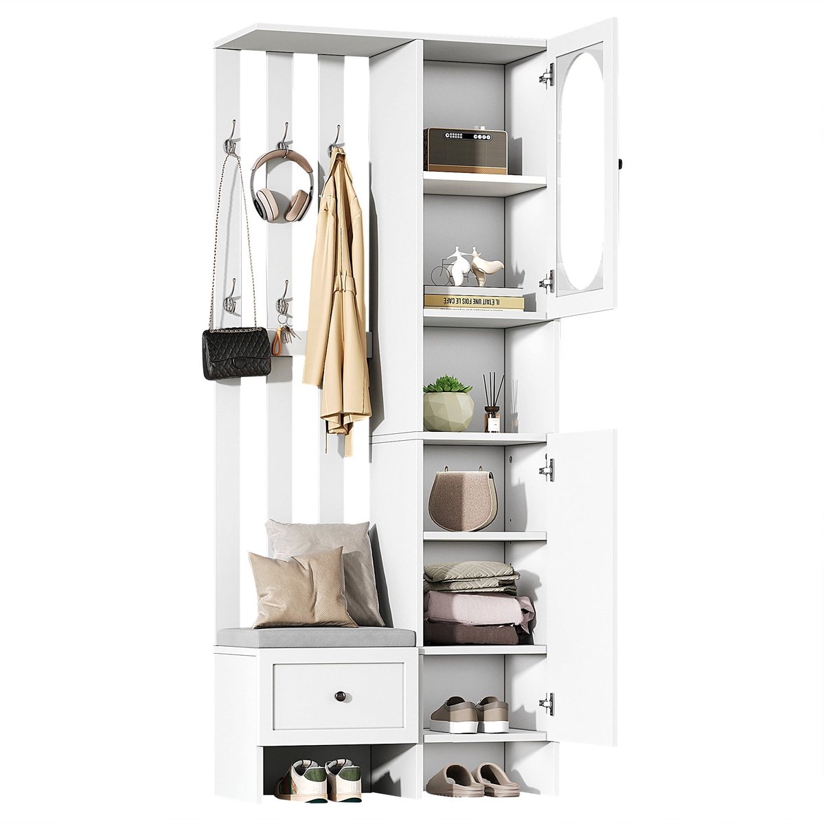 Merax Compacte Garderobekast - 2 Kasten 1 Lade 10 Opbergruimtes - Schoenenbank met Kussen en Kleerhaken - 85x33,5x200 cm - Wit
