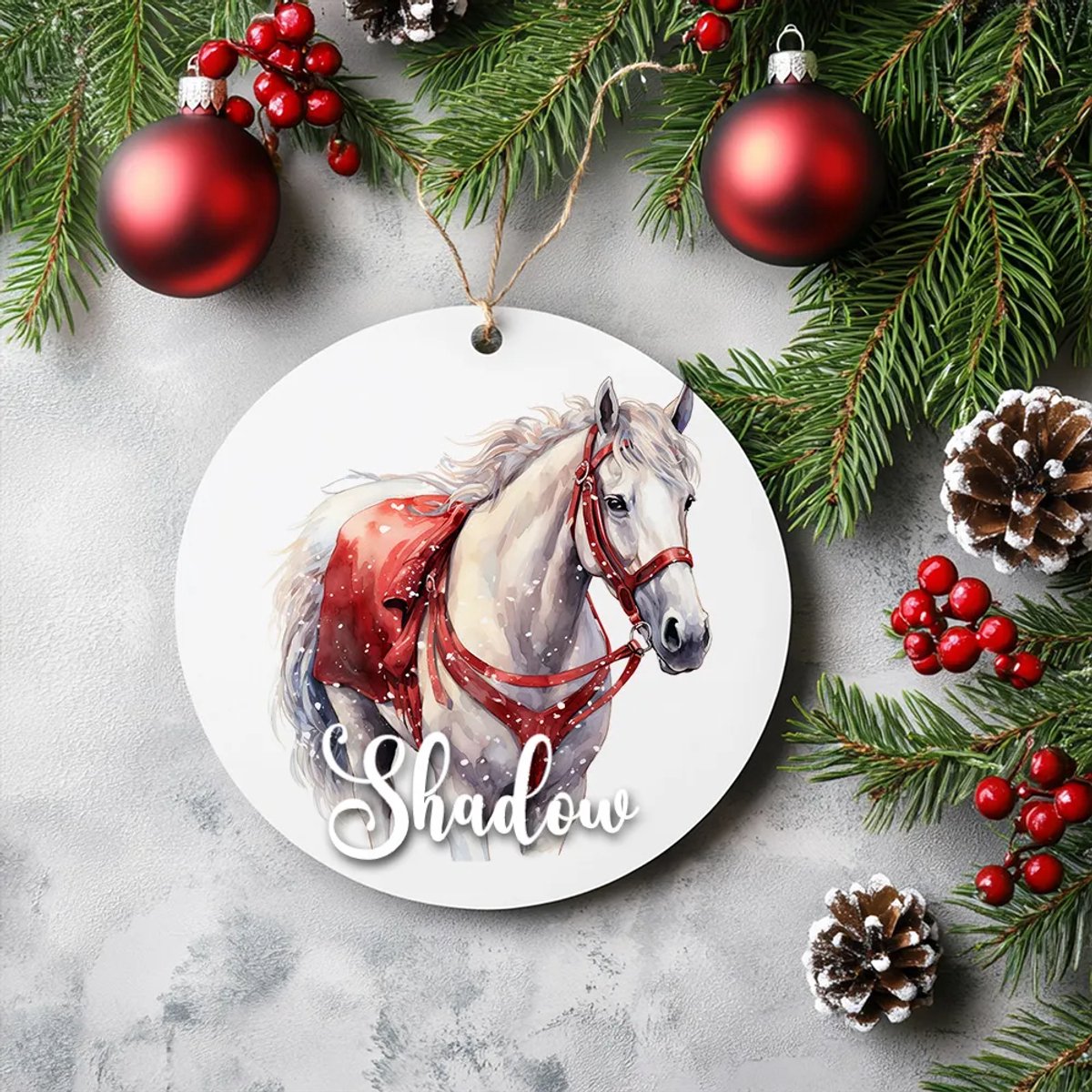 Kerstboom hanger met gepersonaliseerd Paard ornament voor Kerstversiering - Rond, uniek cadeau.