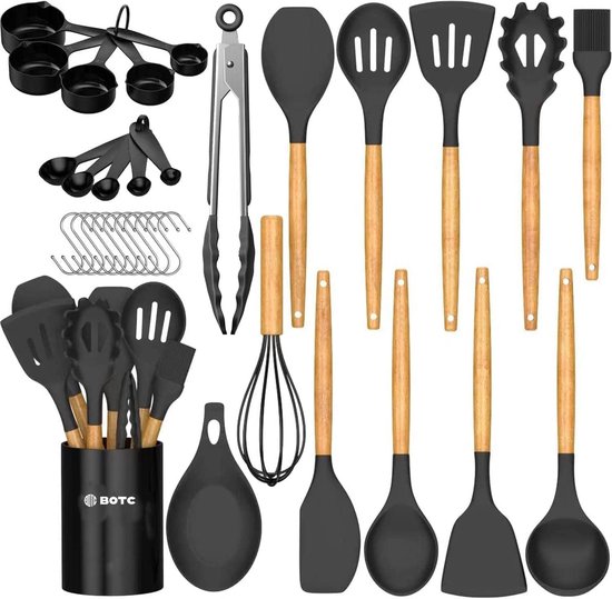 BOTC Keukengerei set 33 Delig - Keukengerei Houder - Hout handvatten - Silicone kop - Kookgerei met lepel houder - keukenaccessoires - Zwart