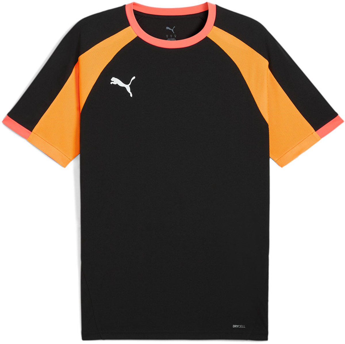 Zwart Puma Liga T-shirt met korte mouwen, ademende mesh-inzetstukken en gedurfde kleuraccenten in oranje.