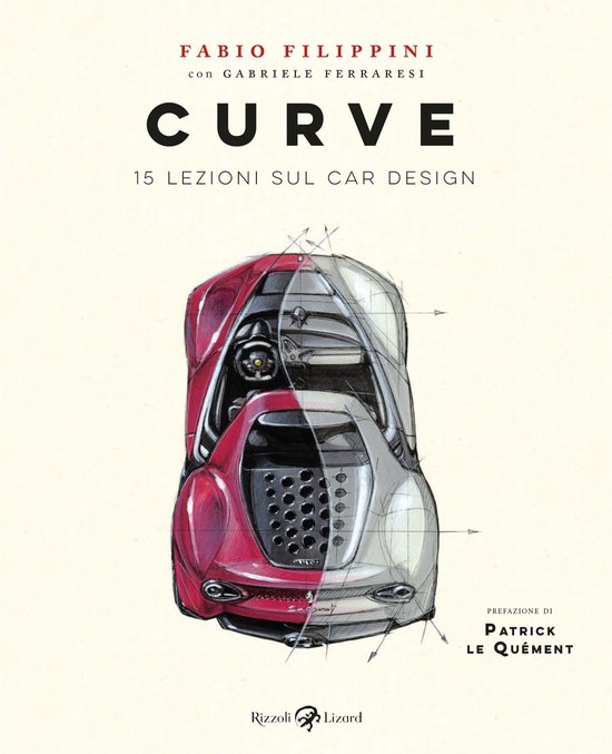 Boekomslag 'Curve' van Fabio Filippini en Gabriele Ferraresi, met een rode schets van een auto aan de linkerkant en een witte schets aan de rechterkant.