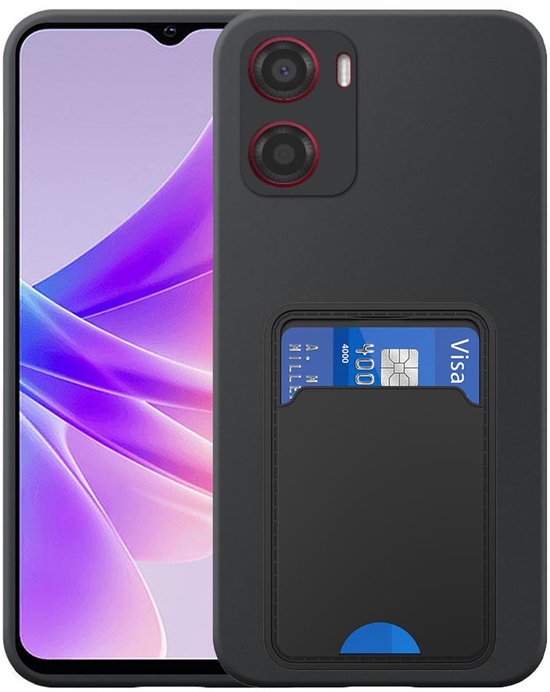Zwart telefoonhoesje met pasjeshouder en rode camera-accenten, naast een telefoon met paars en blauw display.